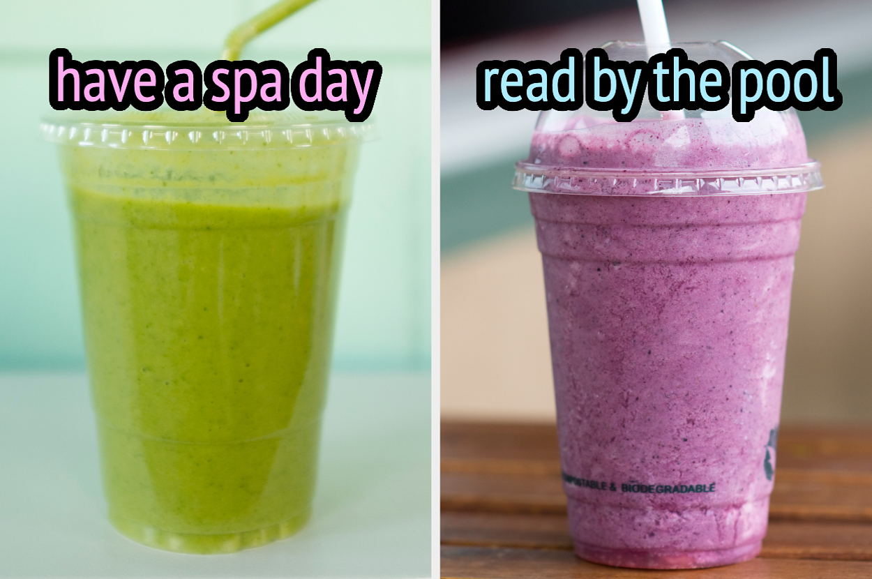 On the left, a green smoothie labeled have a spa day, and on the right, a berry smoothie labeled read by the pool