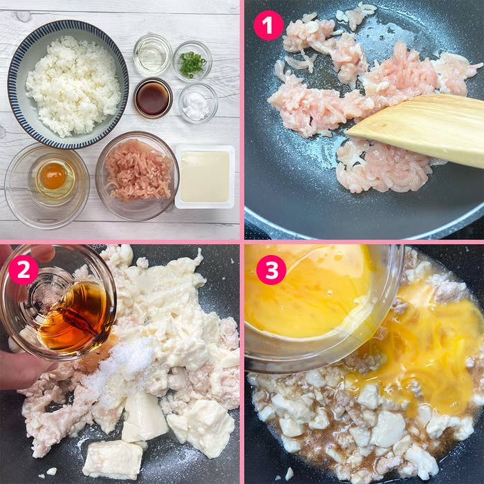 フライパンで鶏肉を調理し調味料を加える手順が3つのステップに分けて示されている料理の写真。