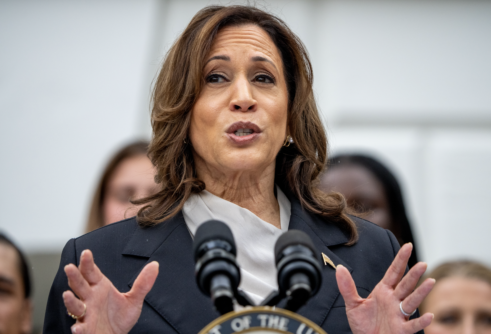 Vice President Kamala Harris speaking at a podium with two microphones in front of an audience. She is gesturing with both hands