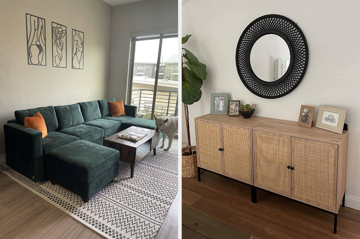 A modern living room with a green sectional sofa, patterned rug, and wooden coffee table. A white dog stands by the window. On the right, a sideboard with a round mirror, framed photos, and a plant