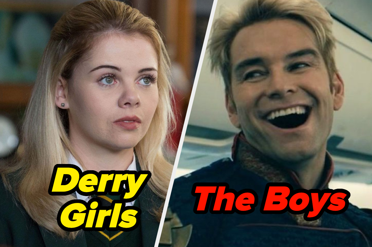 Image split in half with two characters: Erin Quinn from Derry Girls on the left, and Homelander from The Boys on the right. Text reads: "Derry Girls" and "The Boys."