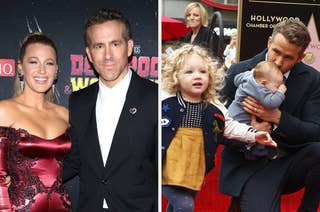 Blake Lively and Ryan Reynolds on a red carpet; Ryan is with their children, James and Inez, at the Hollywood Walk of Fame ceremony