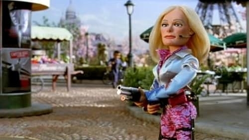 Animated character Lisa from "Team America: World Police" stands in a cobbled street holding a gun with a serious expression. Paris landscape in background