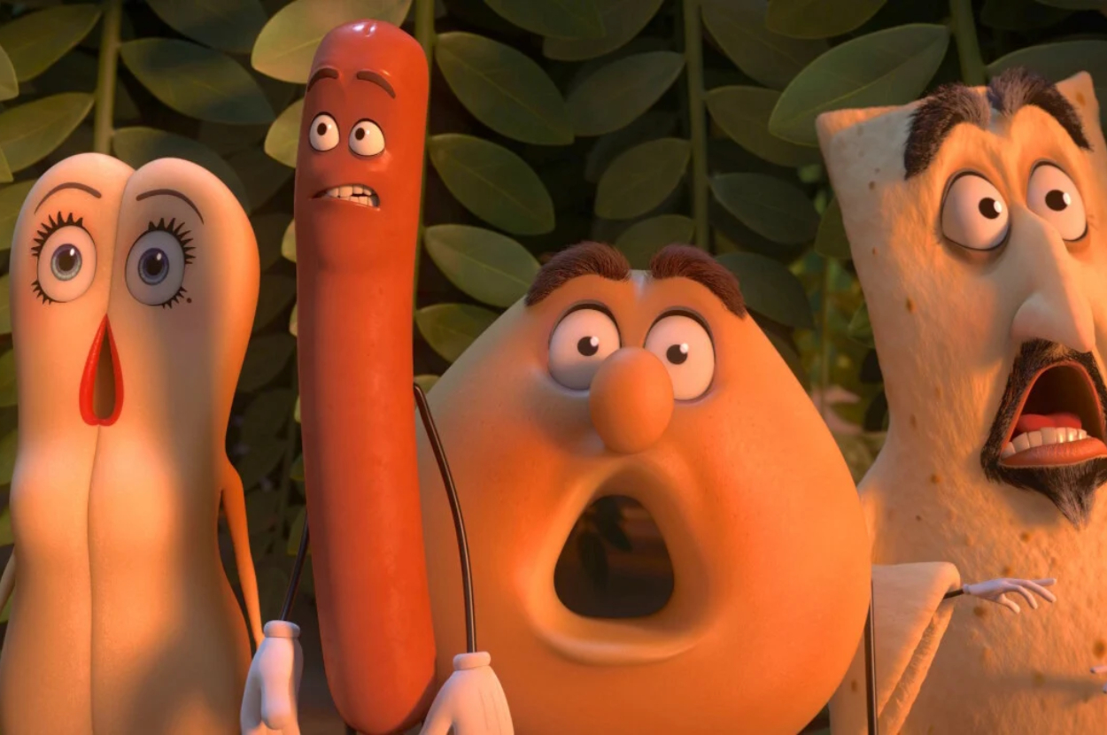 Characters from “Sausage Party” stand in shock: Brenda, Frank, Sammy Bagel Jr., and Lavash