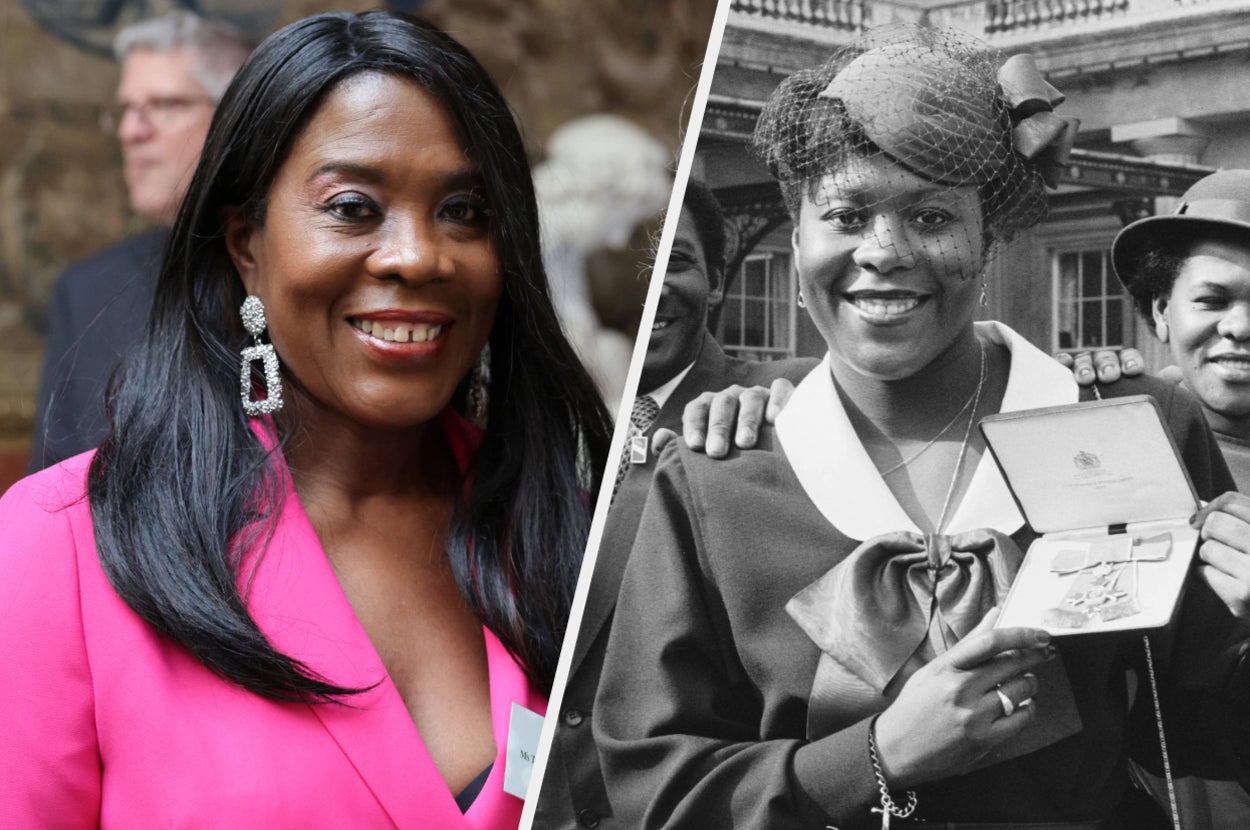 Two photos of Tessa Sanderson; the left shows her in a modern outfit with a pink blazer, while the right shows her in historical attire holding an award