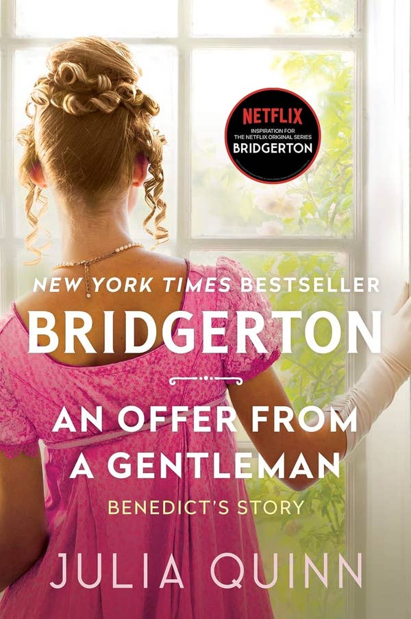 Cover of &quot;Bridgerton: An Offer From a Gentleman&quot; by Julia Quinn, showing a woman with ornate hair in a Regency dress looking away, a window in the background