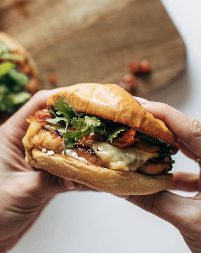 Close-up of hands holding a gourmet chicken sandwich with melted cheese, caramelized onions, and fresh cilantro