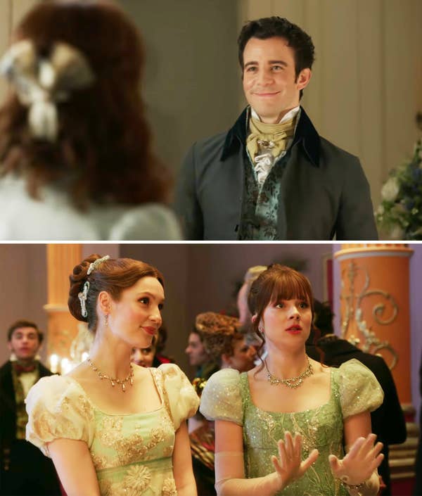 Scene from &quot;Bridgerton&quot; showing Francesca, and Eloise in formal attire