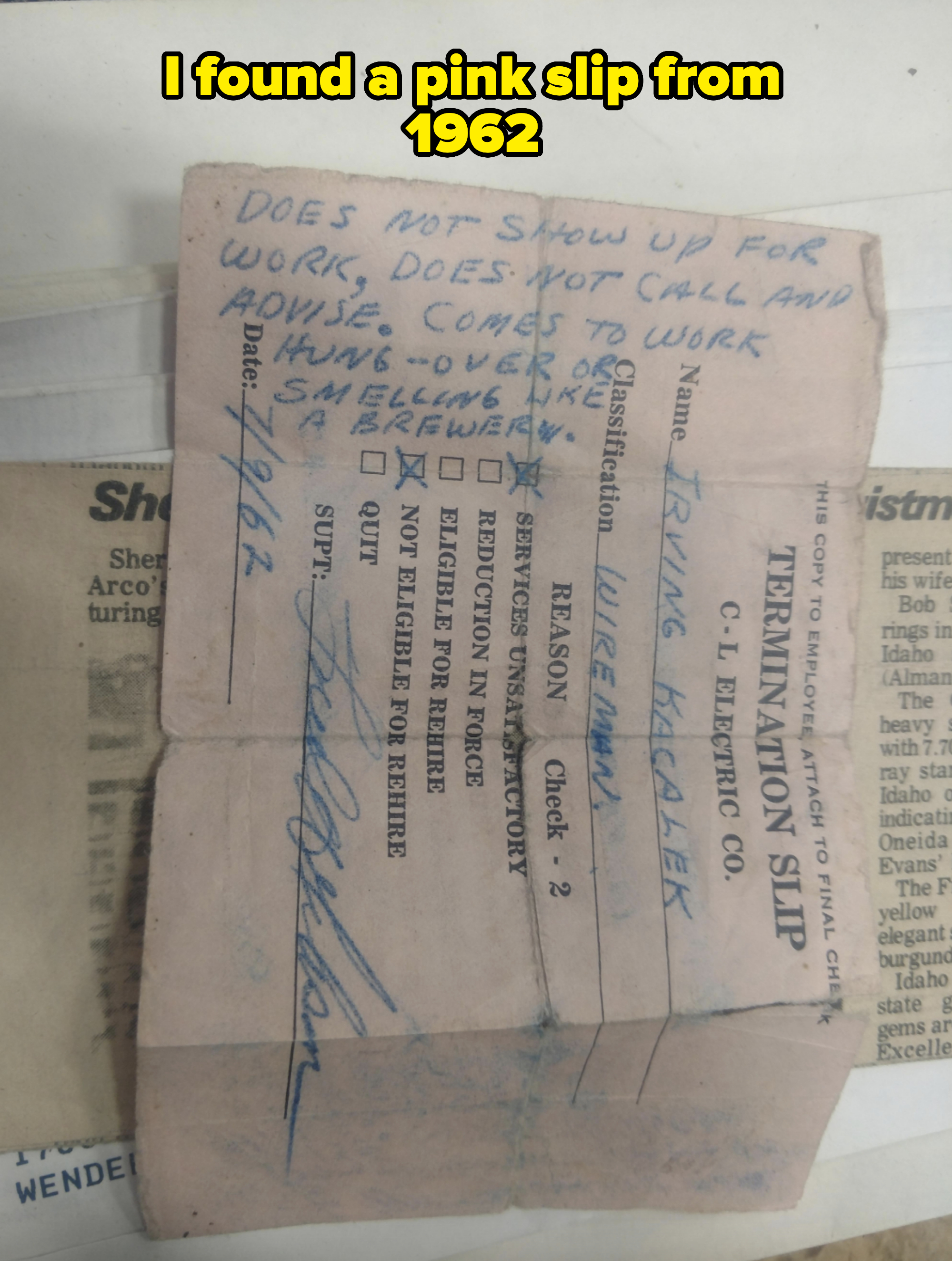 Termination slip from C.E. Electric Co. for Irving Kleisler, dated 7/6/62, citing poor work attendance and showing up hungover as reasons for termination