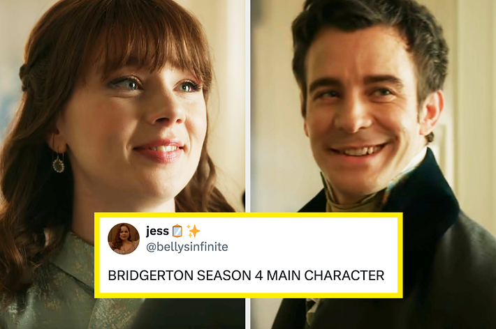 Jess (@bellysinfinite) tweets: “BRIDGERTON SEASON 4 MAIN CHARACTER” alongside images of Eloise and Benedict from the show Bridgerton
