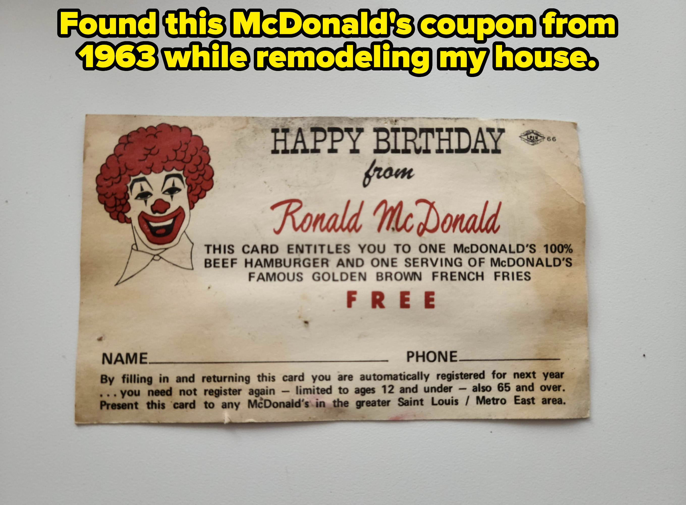 Happy Birthday card from Ronald McDonald. Free McDonald's hamburger and fries offer. Requires filling in your name, phone number, and mailing for redemption