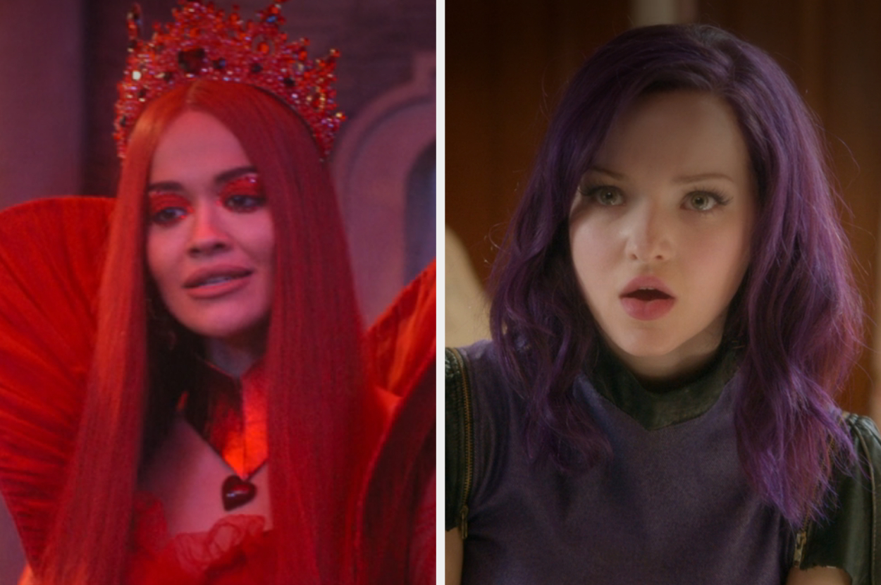 Rita Ora as Queen of Hearts in a regal outfit and crown, and Dove Cameron as Mal with colorful hair in a modern outfit