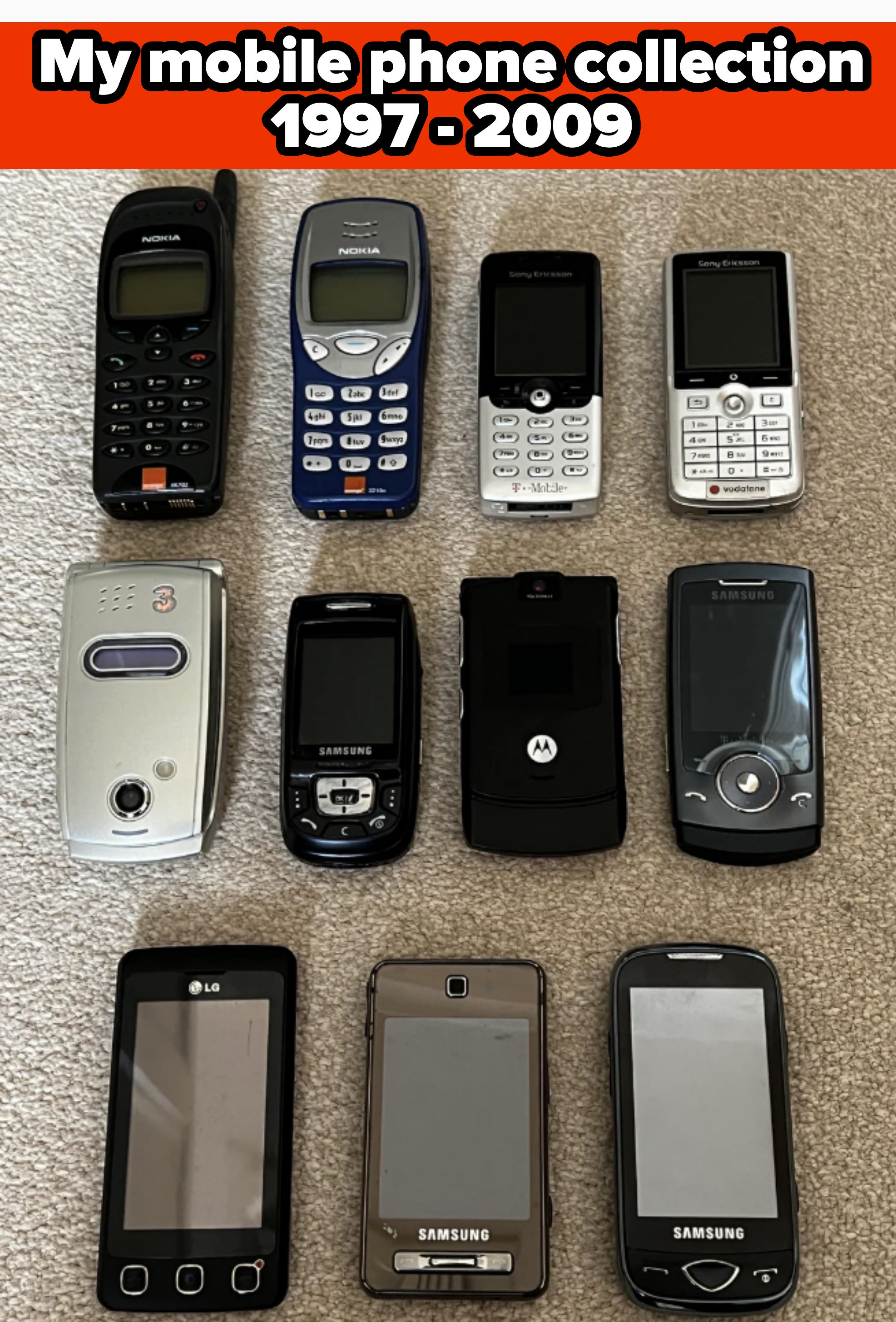 Collection of various mobile phones from 1997 to 2009, including brands like Nokia, Motorola, Samsung, LG, and Sony Ericsson