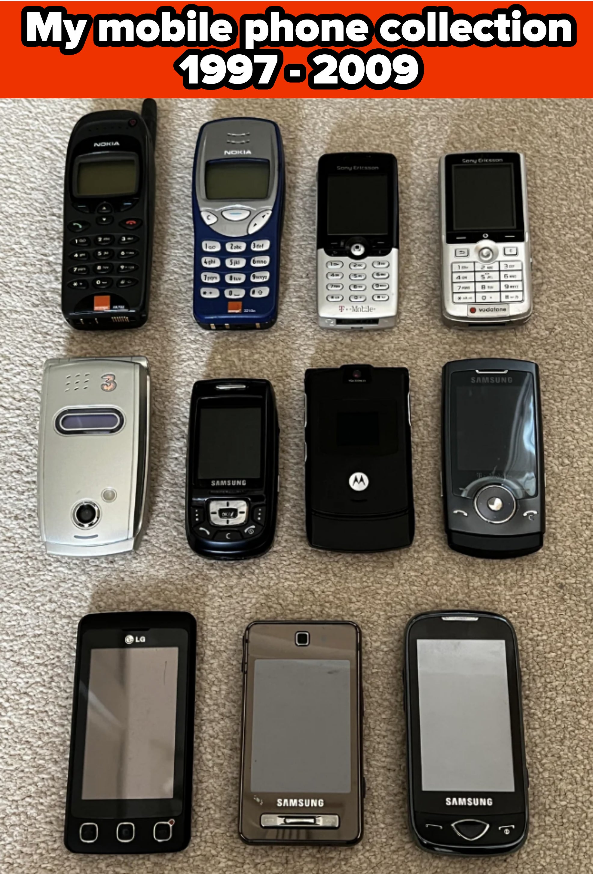 Collection of various mobile phones from 1997 to 2009, including brands like Nokia, Motorola, Samsung, LG, and Sony Ericsson