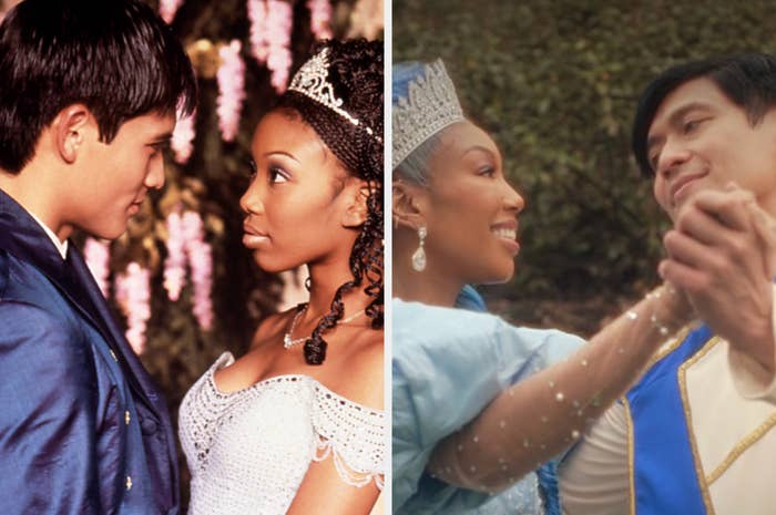 Brandy and Paolo Montalban in scenes from their roles as Cinderella and Prince Charming, showcasing their royal attire and a dance