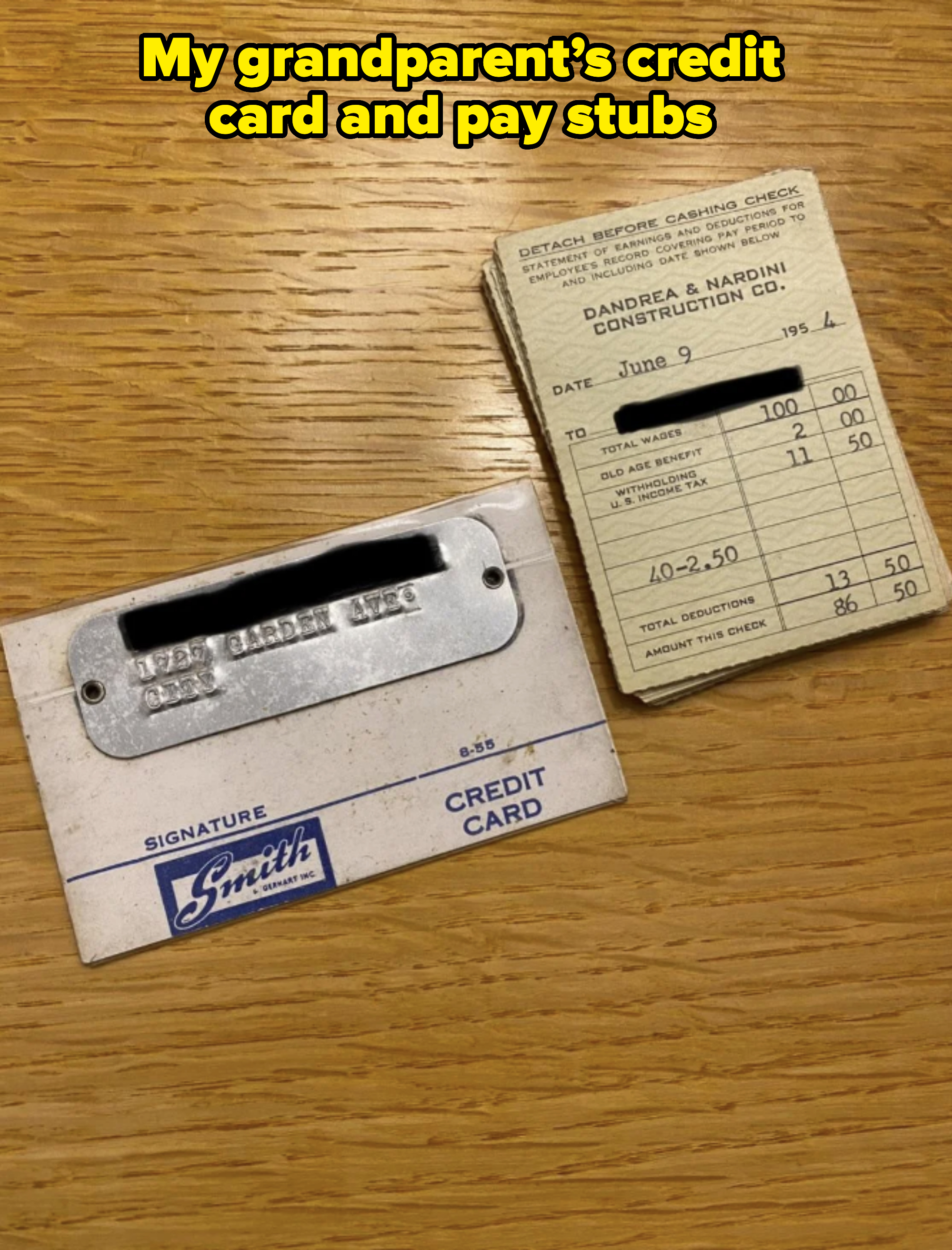 Old credit card and a receipt from Bandiera & Nardini Construction Co. dated June 9, 1995, on a wooden table