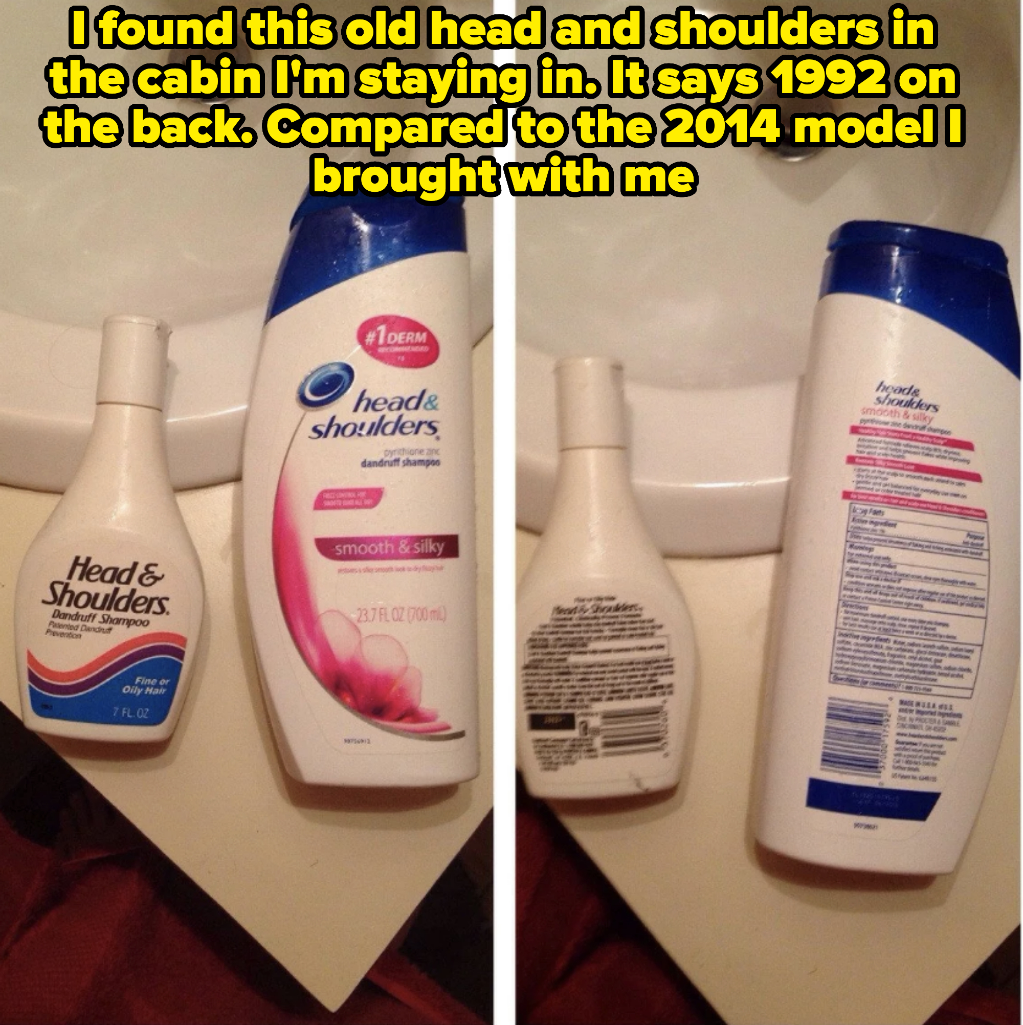 Head & Shoulders standard shampoo and smooth & silky shampoo bottles shown front and back next to a bathroom sink