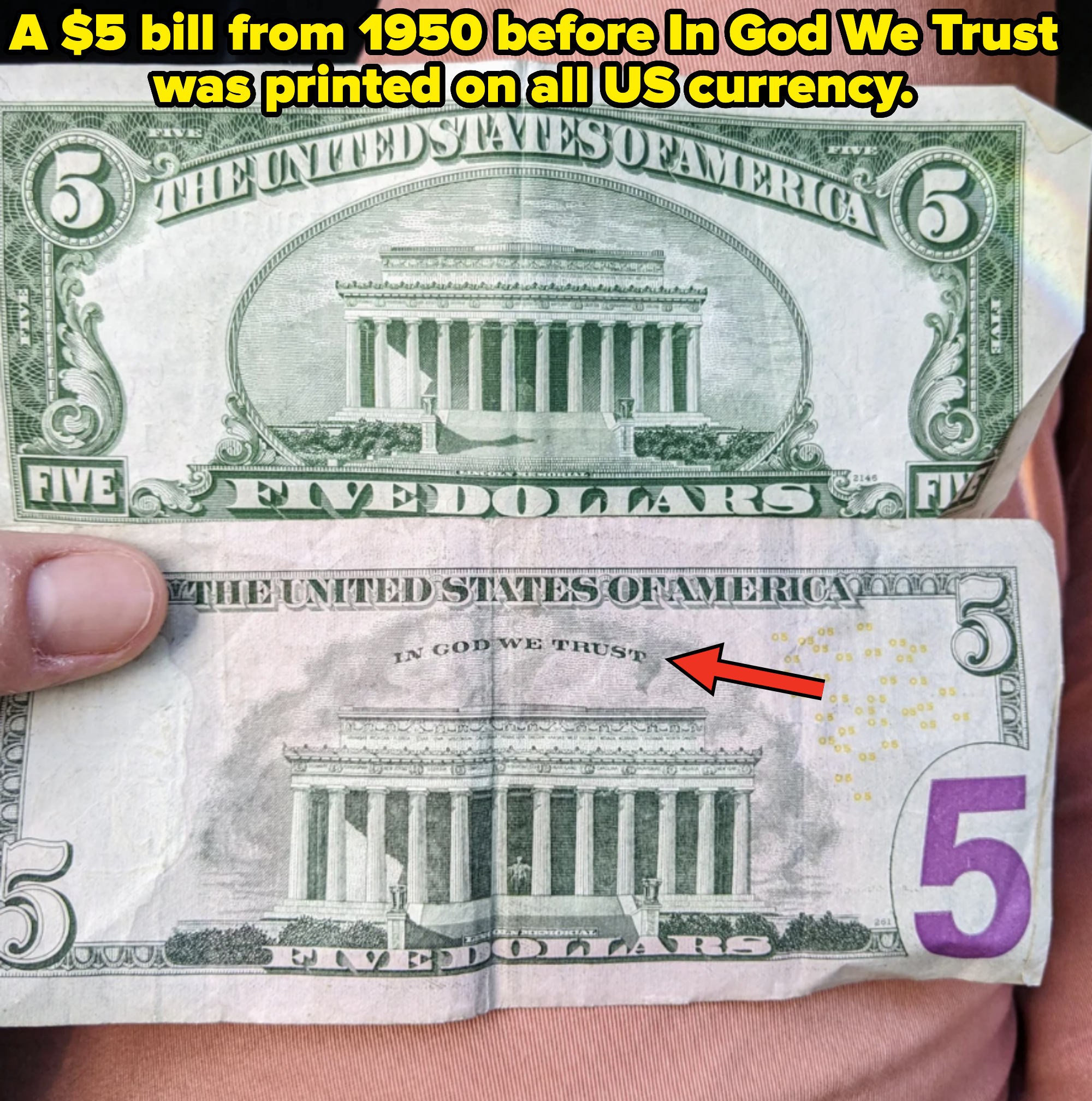 Two U.S. five-dollar bills are displayed side by side, showcasing different designs of the Lincoln Memorial on the back
