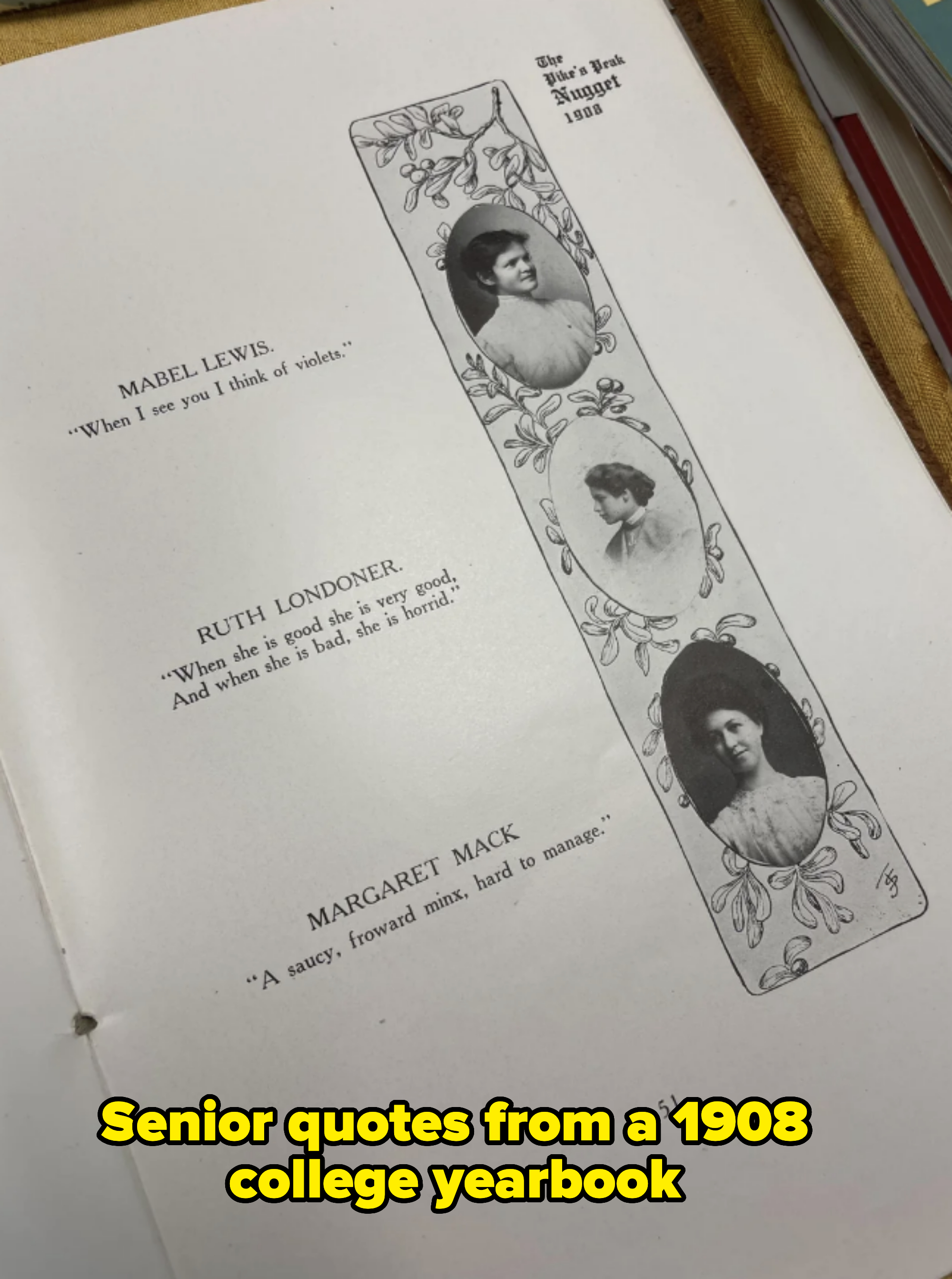 A page from "The Nugget 1904" featuring Mabel Lewis, Ruth Londoner, and Margaret Mack with their portraits and quotes about them