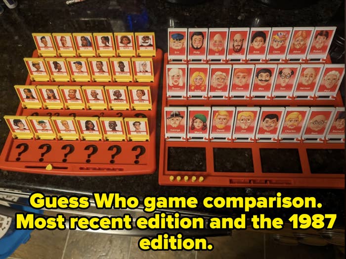 Two Guess Who? boards showing all character cards flipped up. The left board has cartoon faces of people with yellow frames, the right board with red frames