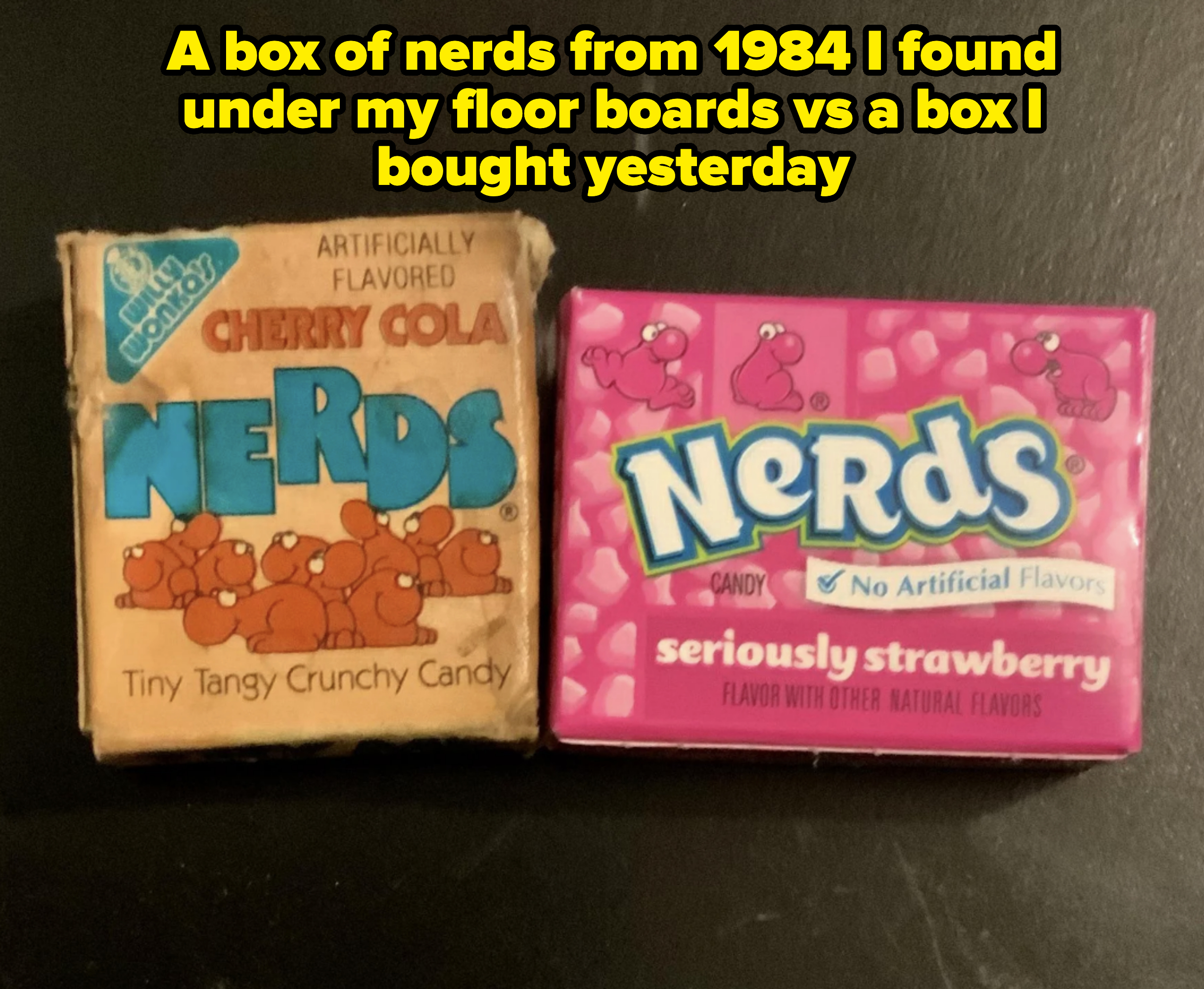 Two boxes of Nerds candy: "Cherry Cola" on the left and "Seriously Strawberry" on the right