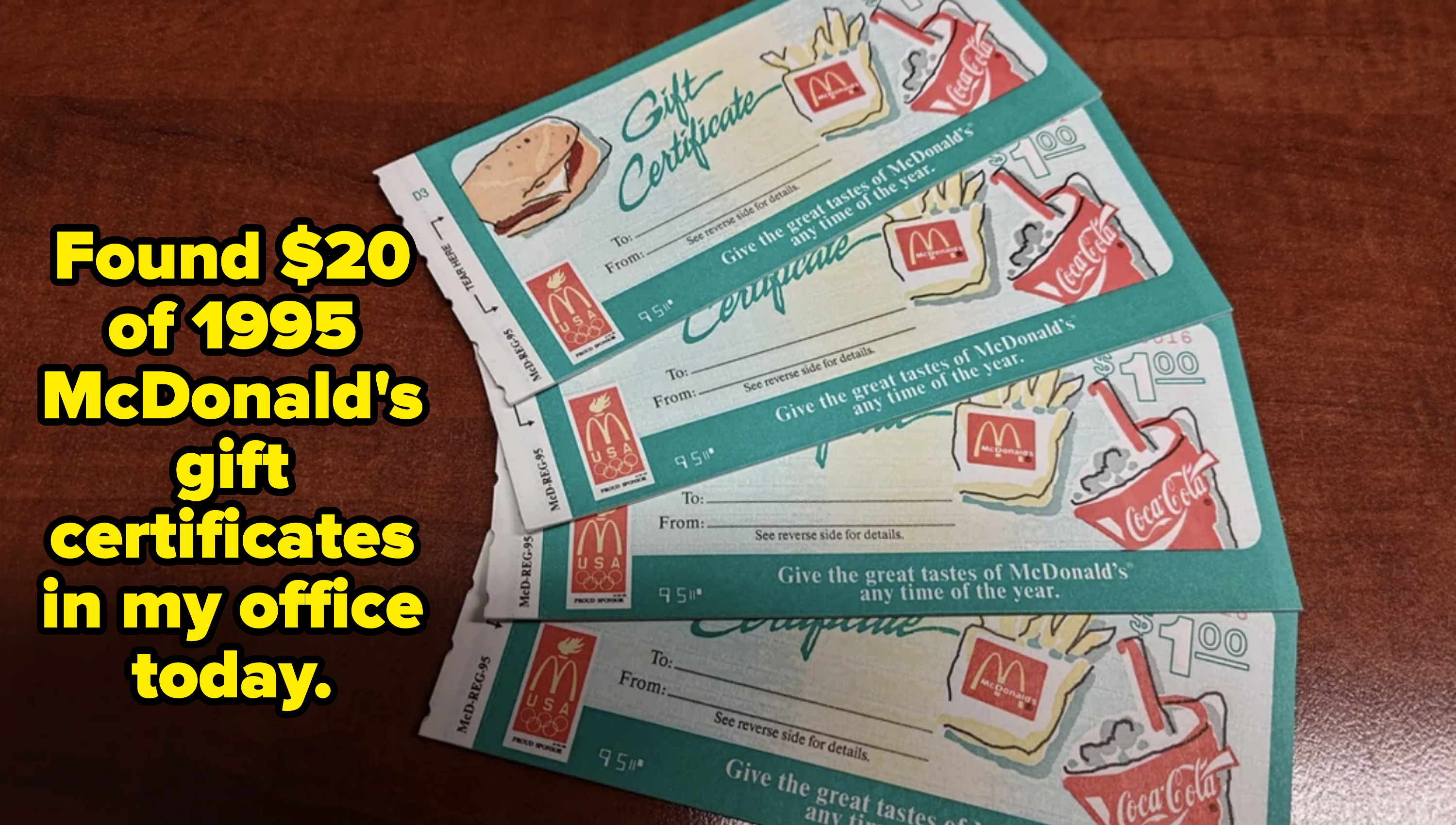 Five McDonald's gift certificates, each worth $1, featuring illustrations of McDonald's food and drinks