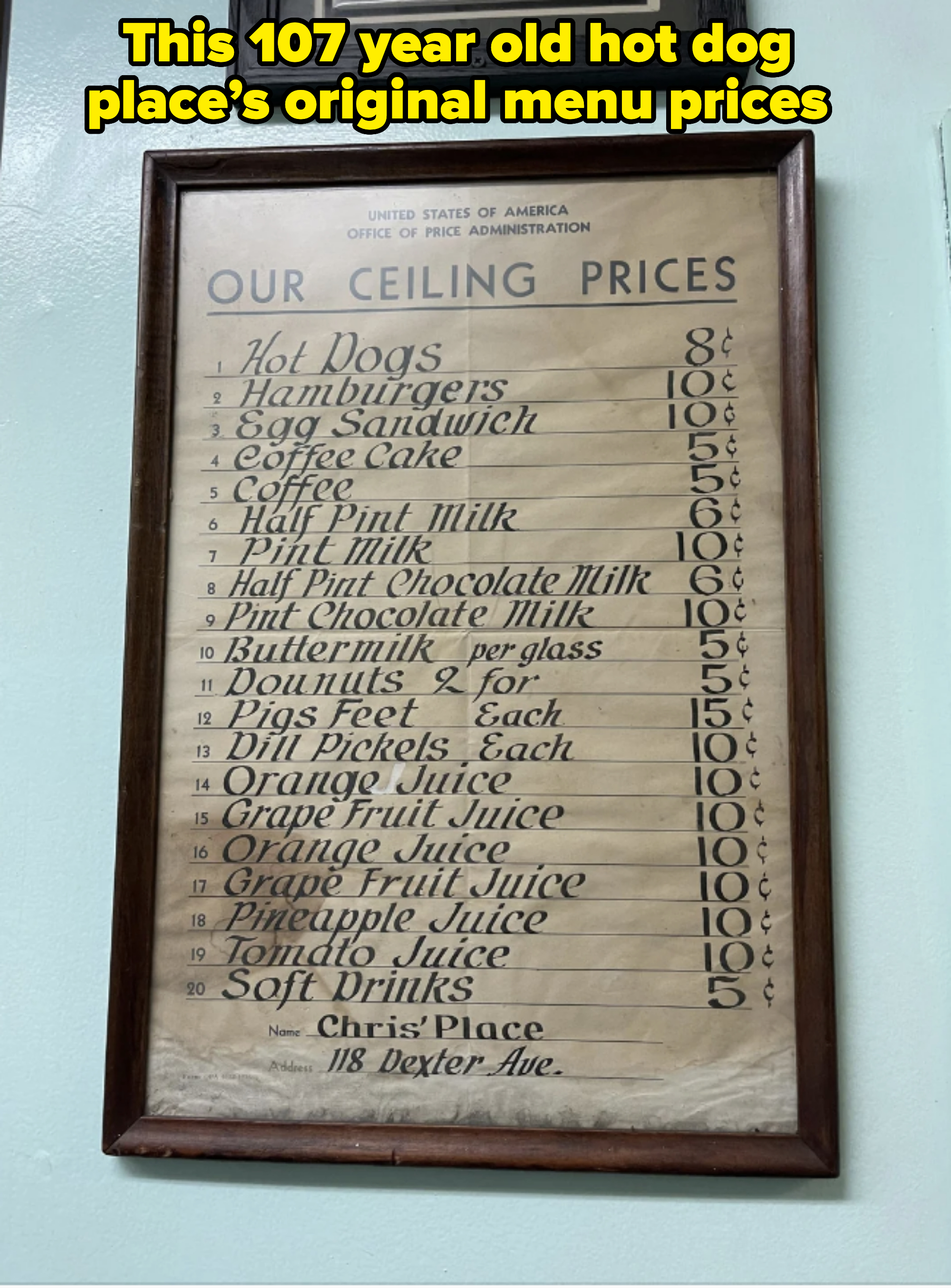 A vintage menu from "Chris' Place" listing food and drink prices, including hot dogs for 8 cents, hamburgers for 15 cents, and various juices for 2 cents