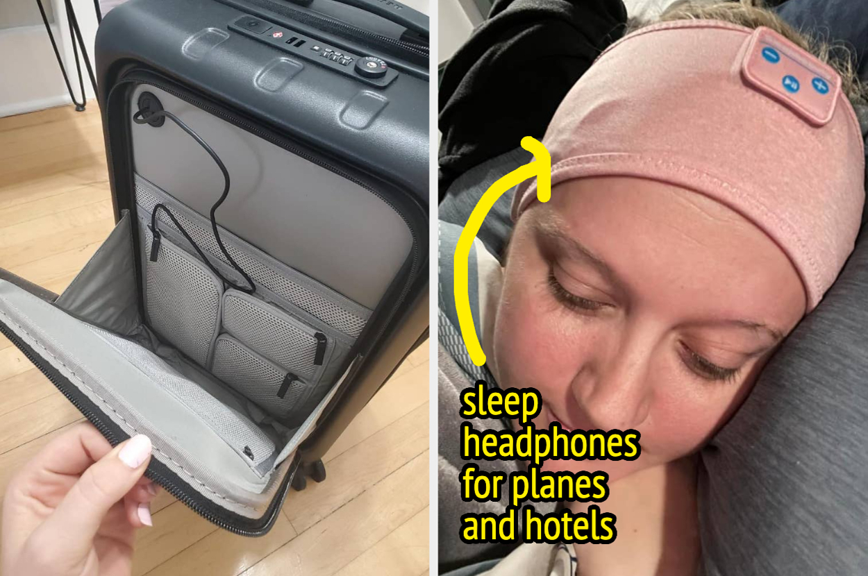 A hand opens a suitcase, showing its interior pockets. Beside it, a person wears sleep headphones labeled, "sleep headphones for planes and hotels."