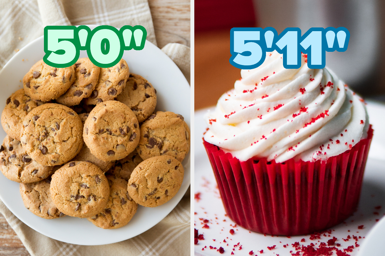 On the left, a plate of chocolate chip cookies labeled five foot, and on the right, a red velvet cupcake labeled five foot eleven