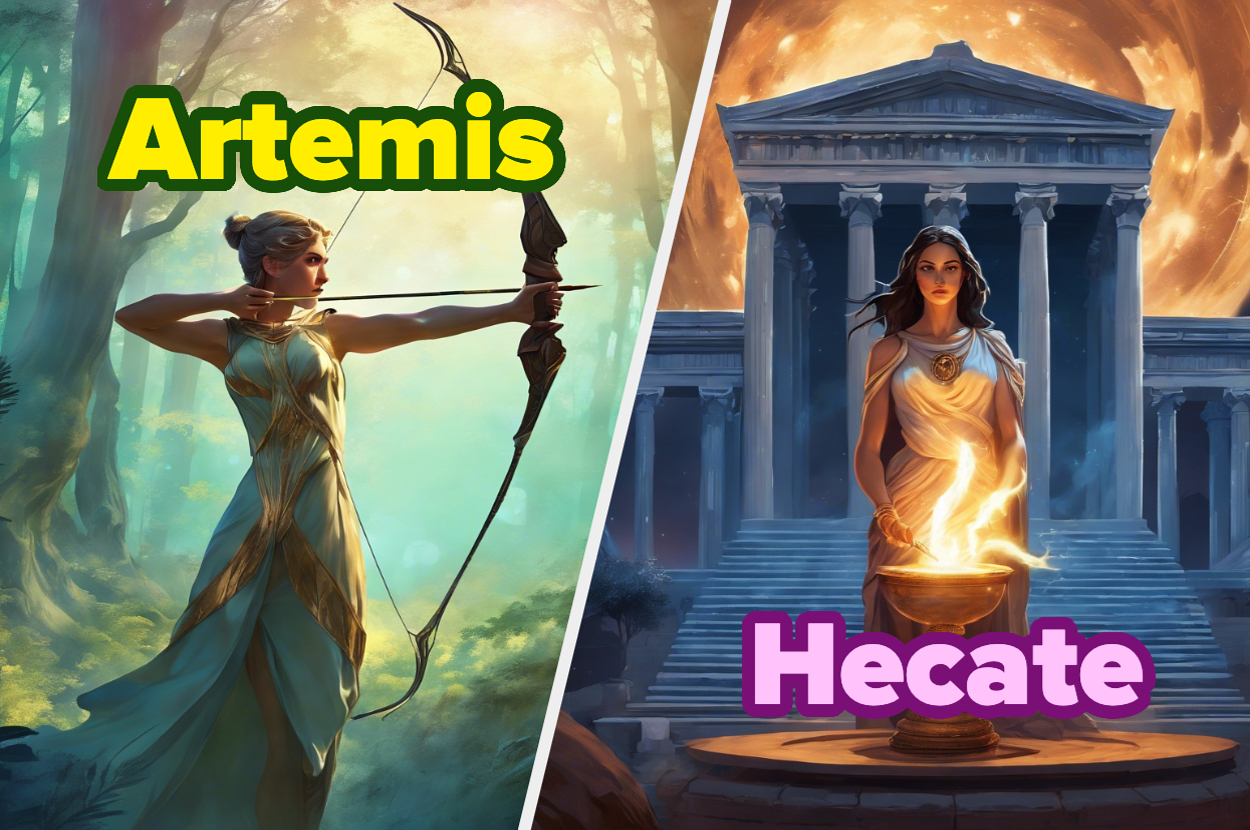 Artemis aiming a bow in a forest, Hecate near a temple with flames. Both goddesses in ancient Greek attire