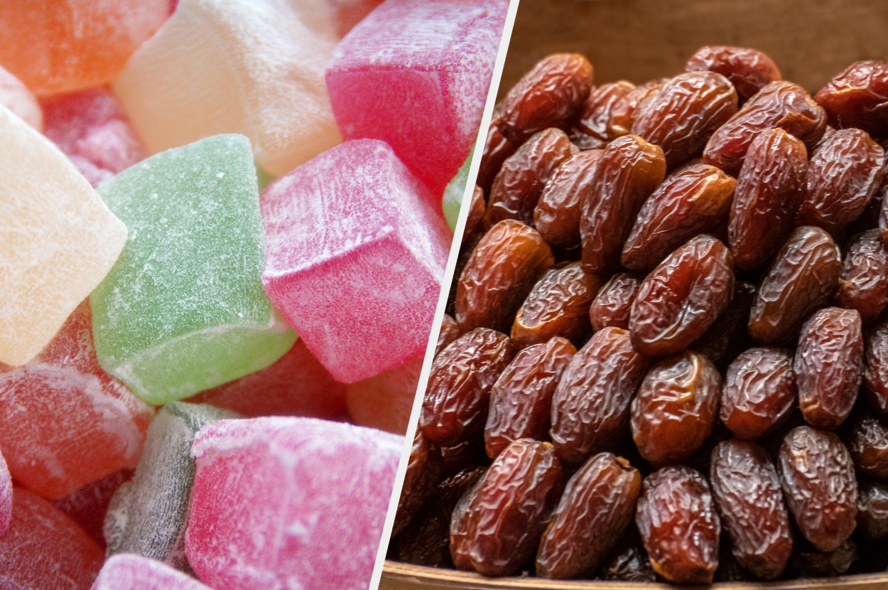 Close-up of assorted Turkish delights on the left and a pile of dates on the right
