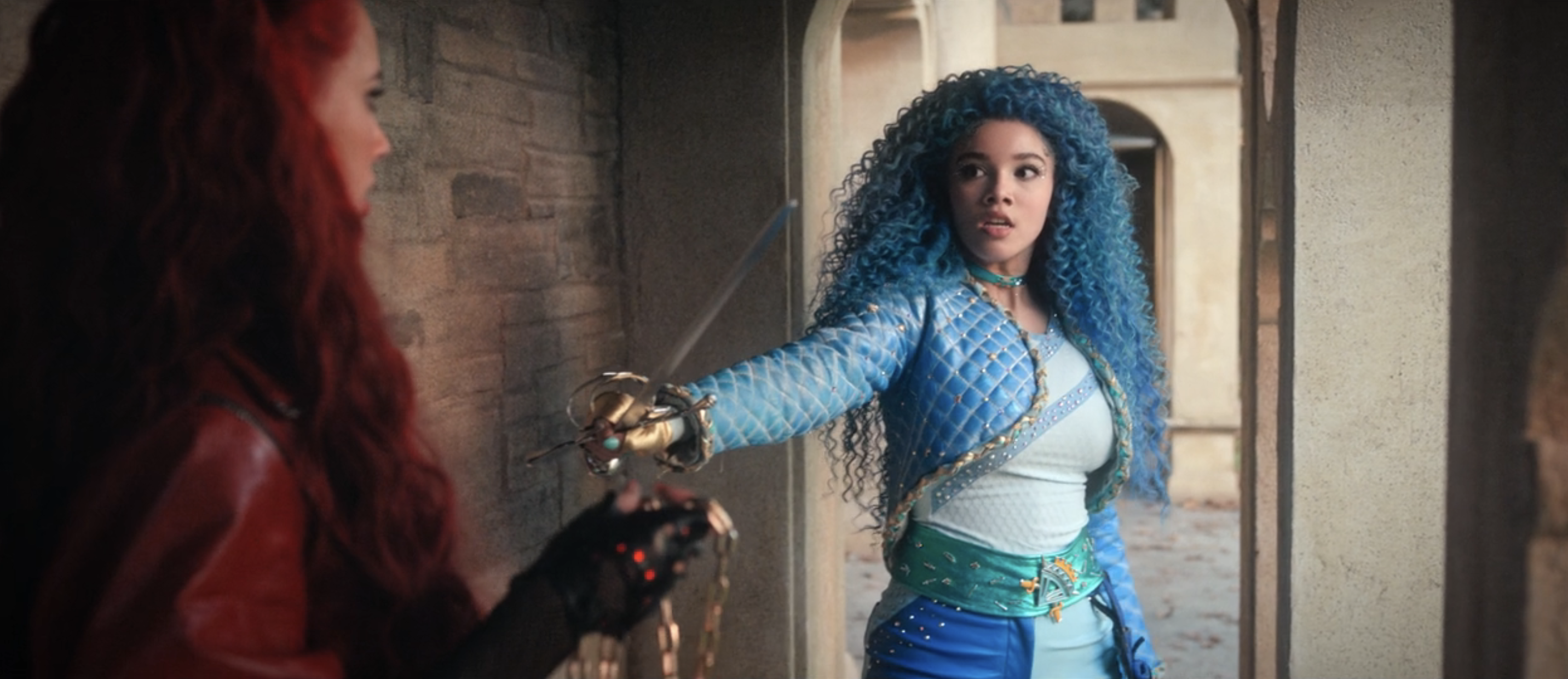 Chloe in a sword duel with Red over the pocketwatch in an archway setting.