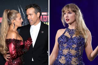 Blake Lively in an elegant, off-shoulder dress speaks with Ryan Reynolds in a suit. Taylor Swift performs on stage, wearing a sparkling, sleeveless dress