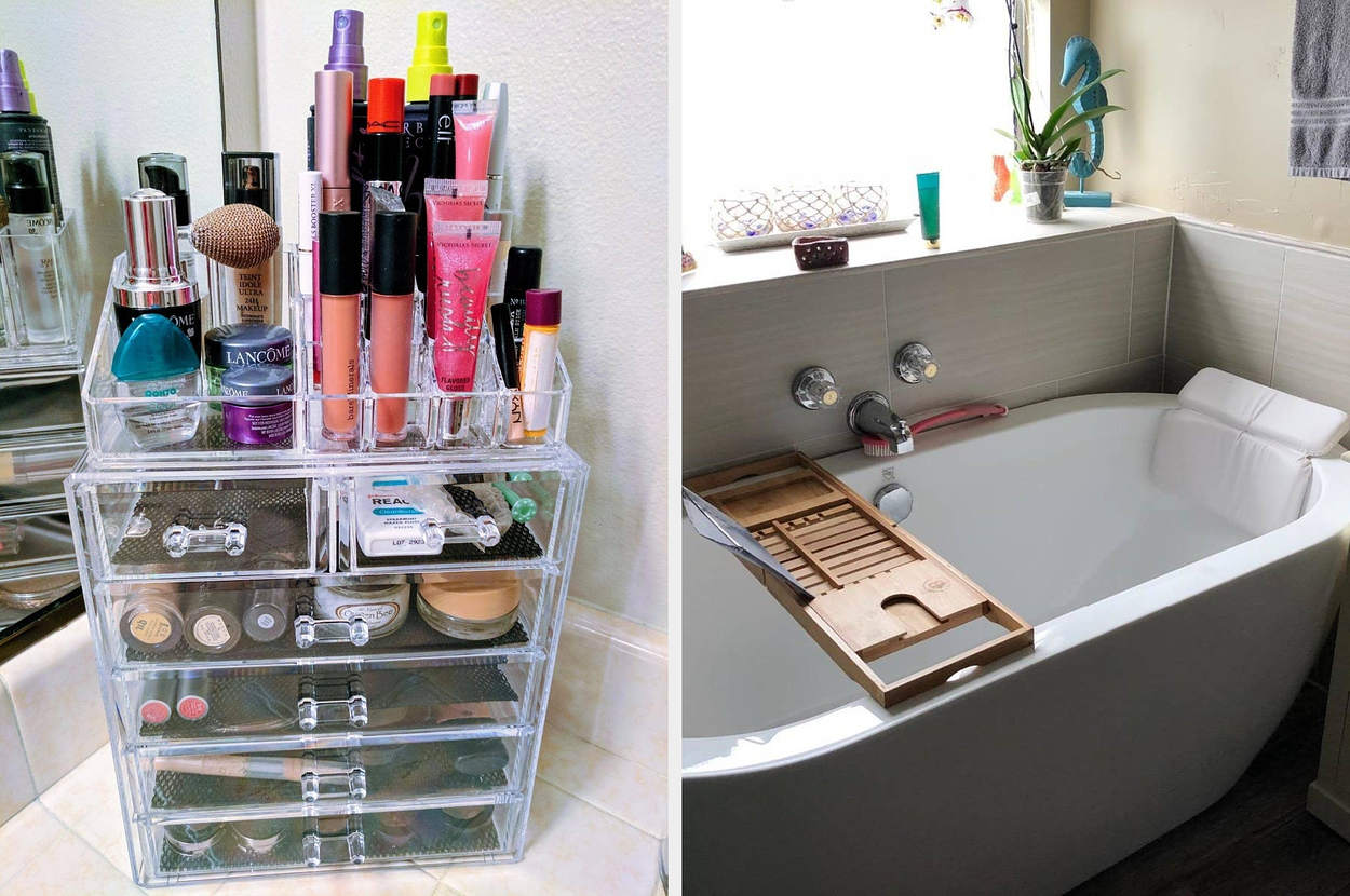 A clear acrylic makeup organizer filled with cosmetics on the left, and a modern bathroom with a white tub, bamboo bath tray, and toiletries on the right