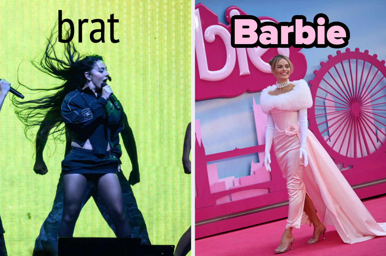 Charli XCX performs energetically on stage; Margot Robbie wears a glamorous gown at the Barbie event. Text: "brat" and "Barbie"