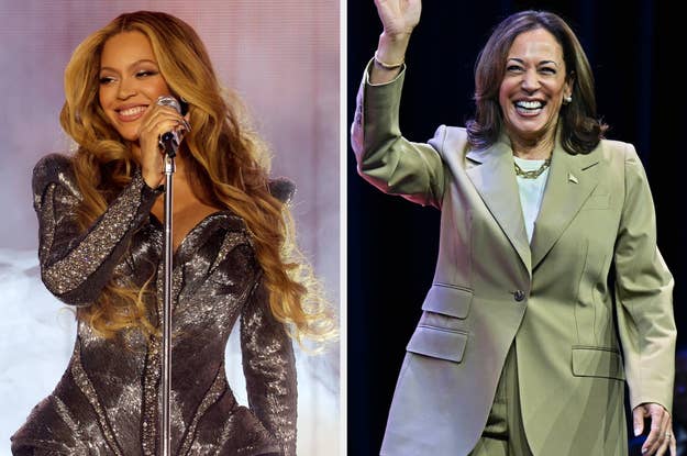 Beyoncé performs in an elegant, glittering dress while Kamala Harris, in a tailored suit, waves enthusiastically