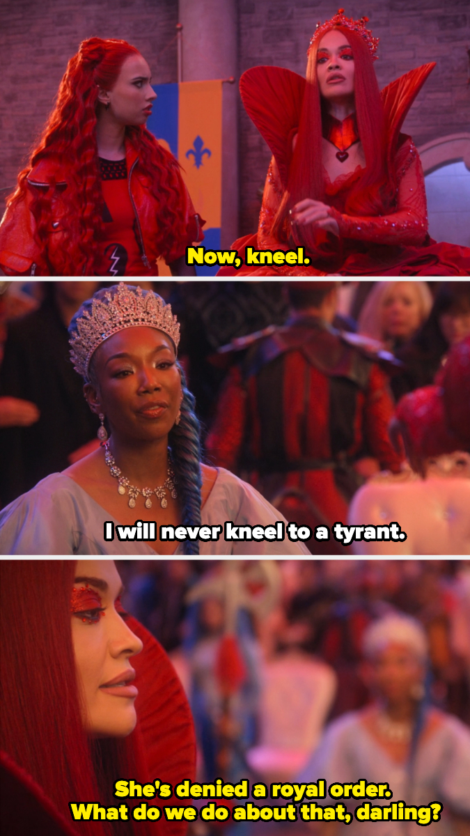 the Queen of Hearts commands Cinderella to kneel, but Cinderella says she'll never kneel to a tyrant. so, the queen asks her daughter off-camera what they do about someone who's denied a royal order
