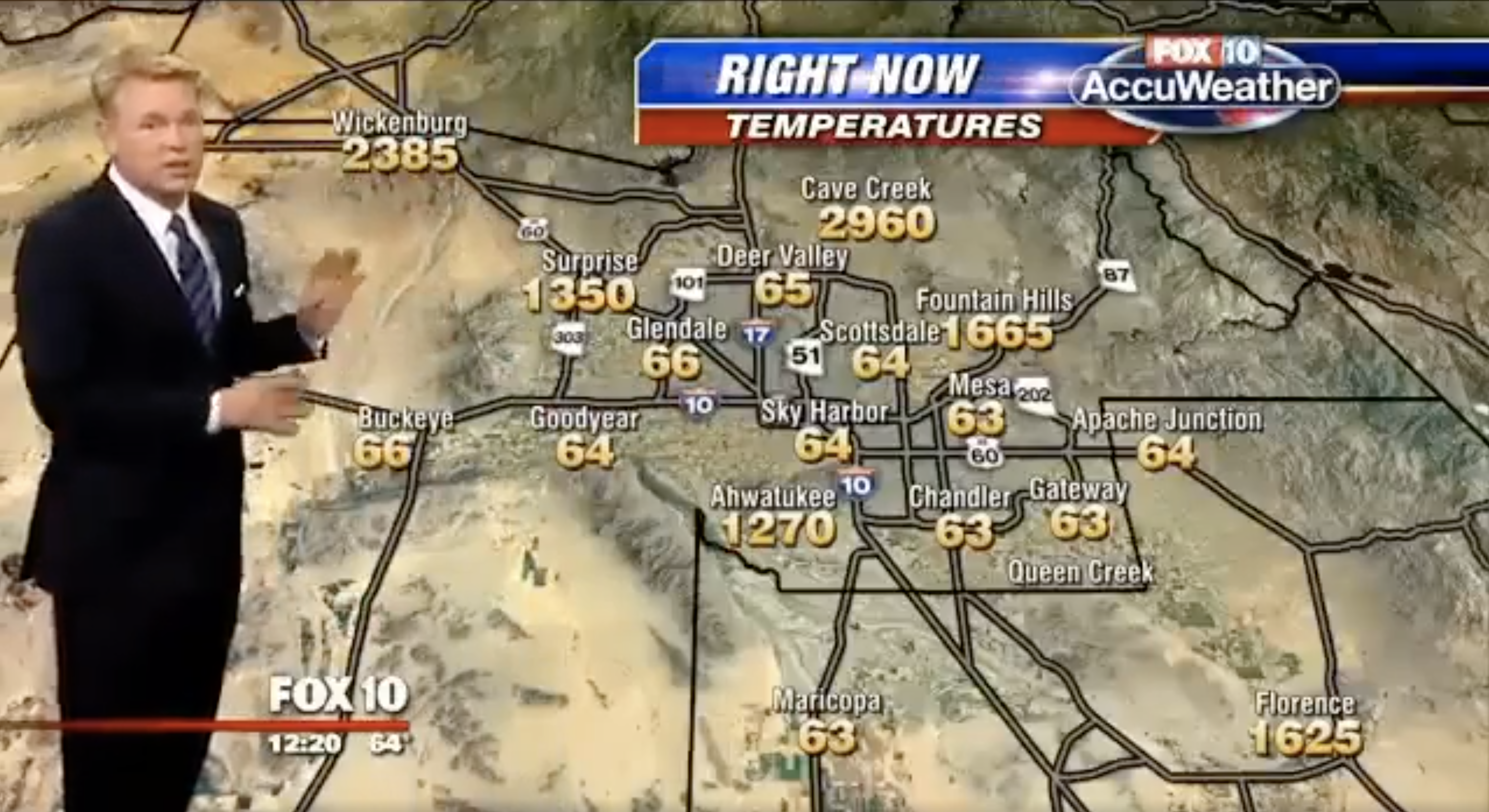 Fox 10 AccuWeather map showing "Right Now Temperatures" in various locations in the Phoenix, Arizona area
