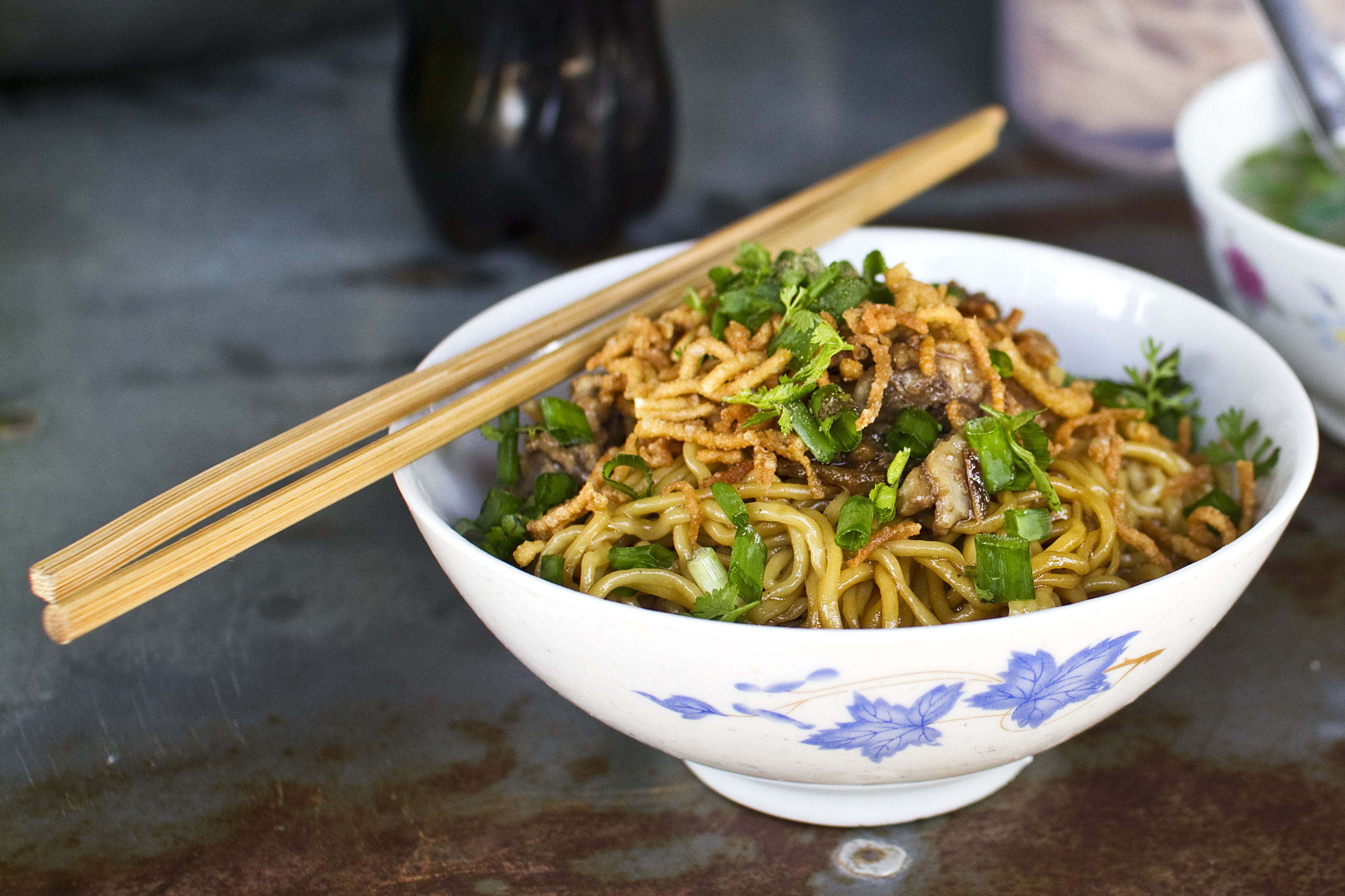 Bowl of noodle stir-fry garnished with green onions and crispy onions, with chopsticks placed across the top