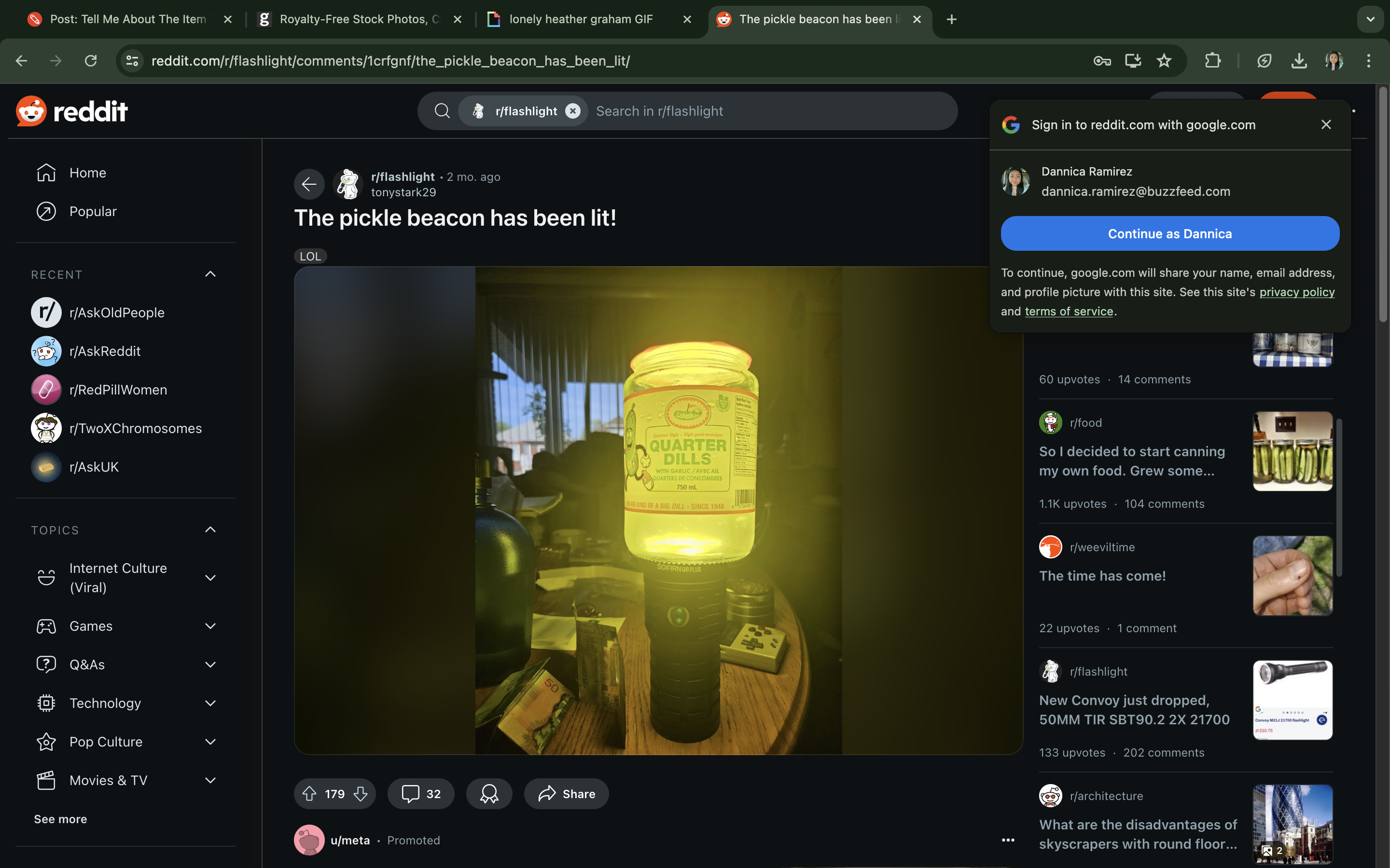 Screenshot of a Reddit post showing a humorous photo of a flashlight illuminating a jar of pickles