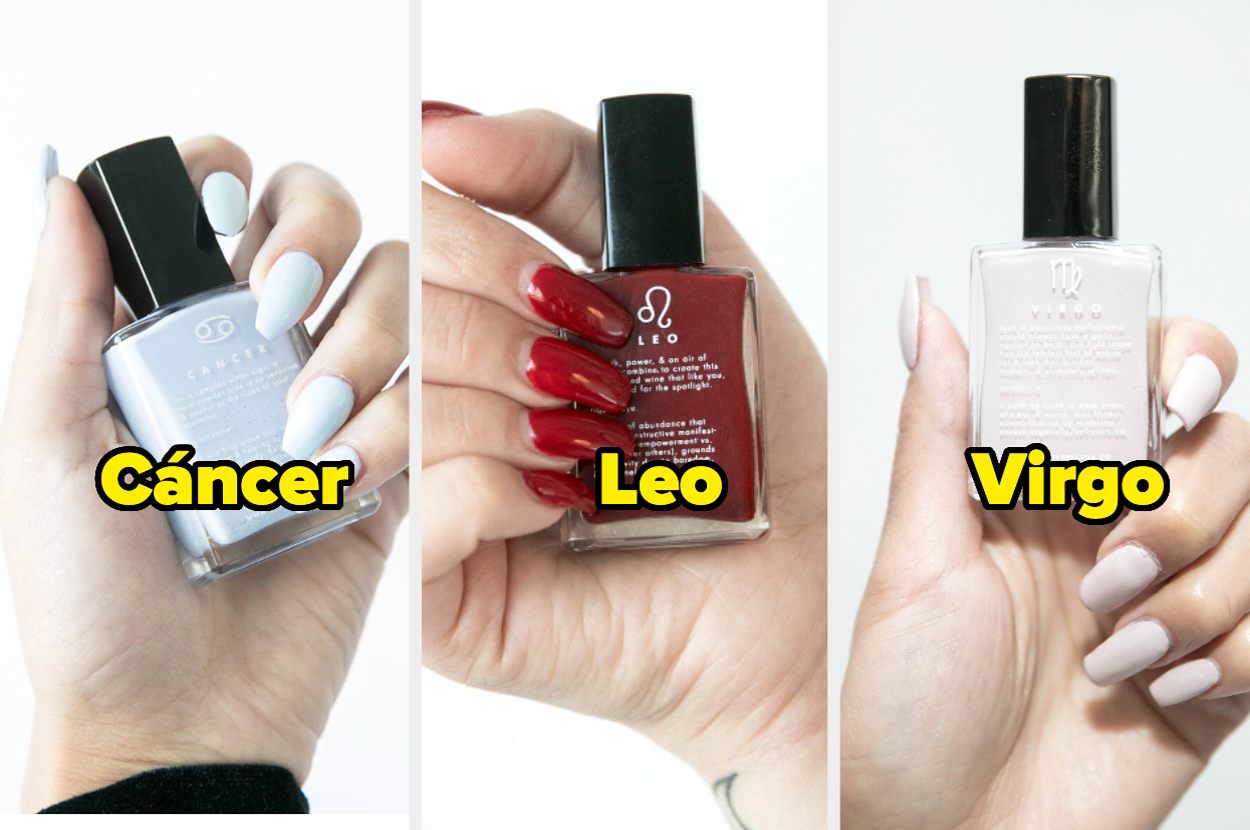 Tres manos mostrando esmaltes de uñas: Cáncer (gris), Leo (rojo) y Virgo (blanco)