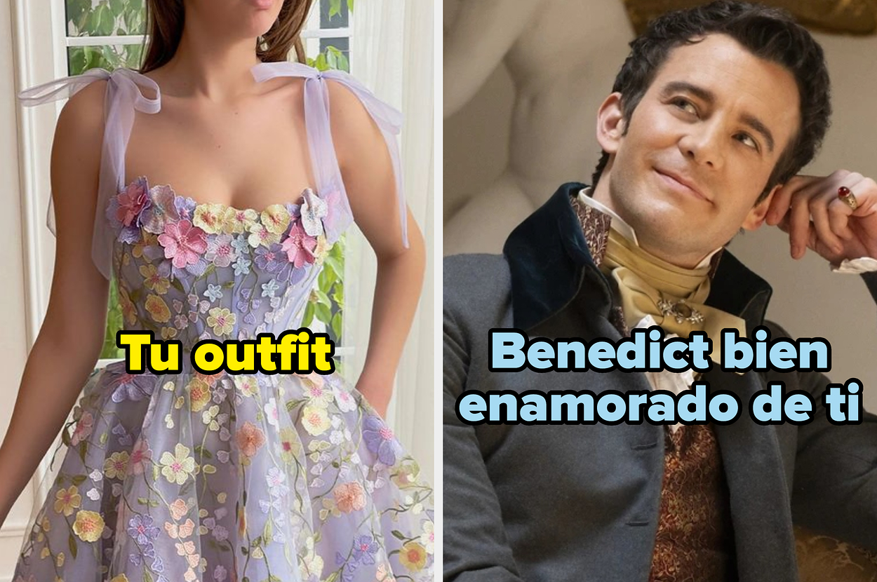 Imagen dividida en dos partes: izquierda, mujer con vestido floral con tirantes; derecha, hombre en ropa de época mirando con interés. Texto: "Tu outfit" y "Benedict bien enamoradx de ti"