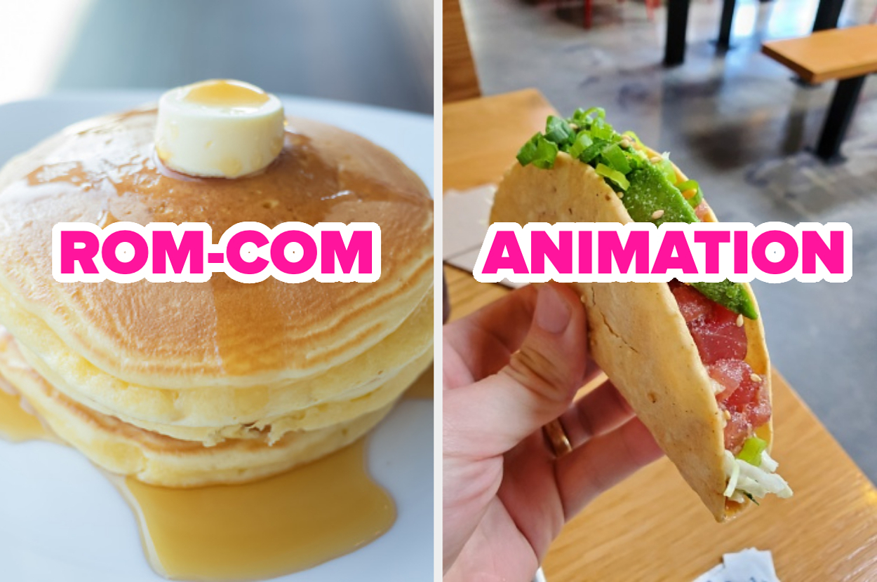 A stack of pancakes with butter labeled "Rom-Com" and a hand holding a taco filled with fresh ingredients labeled "Animation"
