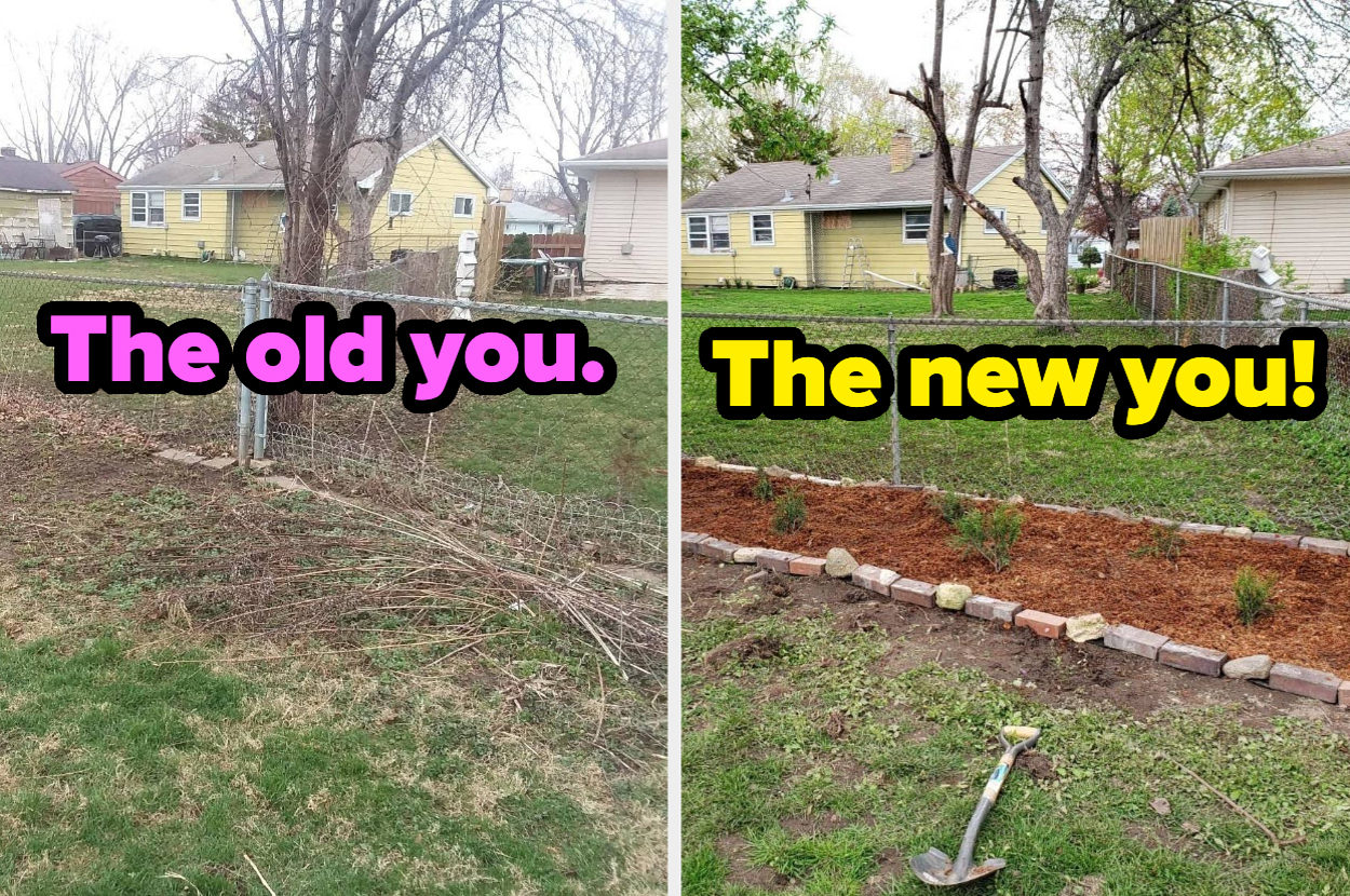 Side-by-side comparison of a backyard before and after landscaping. Left: overgrown yard with text reading "The old you". Right: tidy yard with a new garden bed. Text: "The new you!"