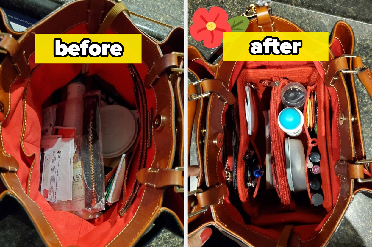 Handbag interior organization before and after, showing a cluttered bag on the left and a neatly organized bag with items in compartments on the right