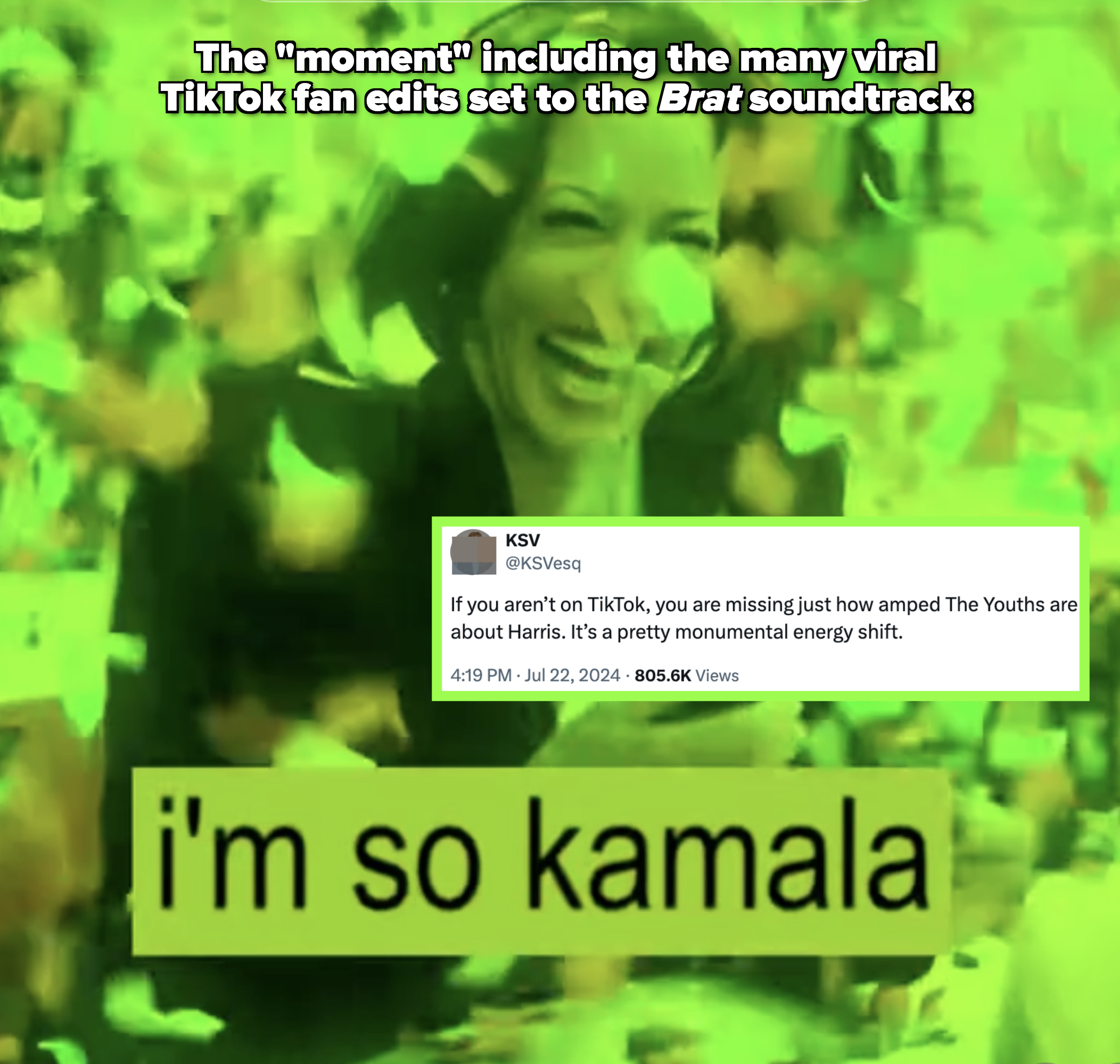 Kamala Harris smiles amid green confetti. Text overlay reads: "i'm so kamala"
