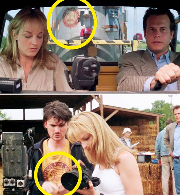 Helen Hunt and Bill Paxton in a car with equipment in the top image, and Helen Hunt with a camera crew in the bottom image, both from the movie &quot;Twister.&quot;