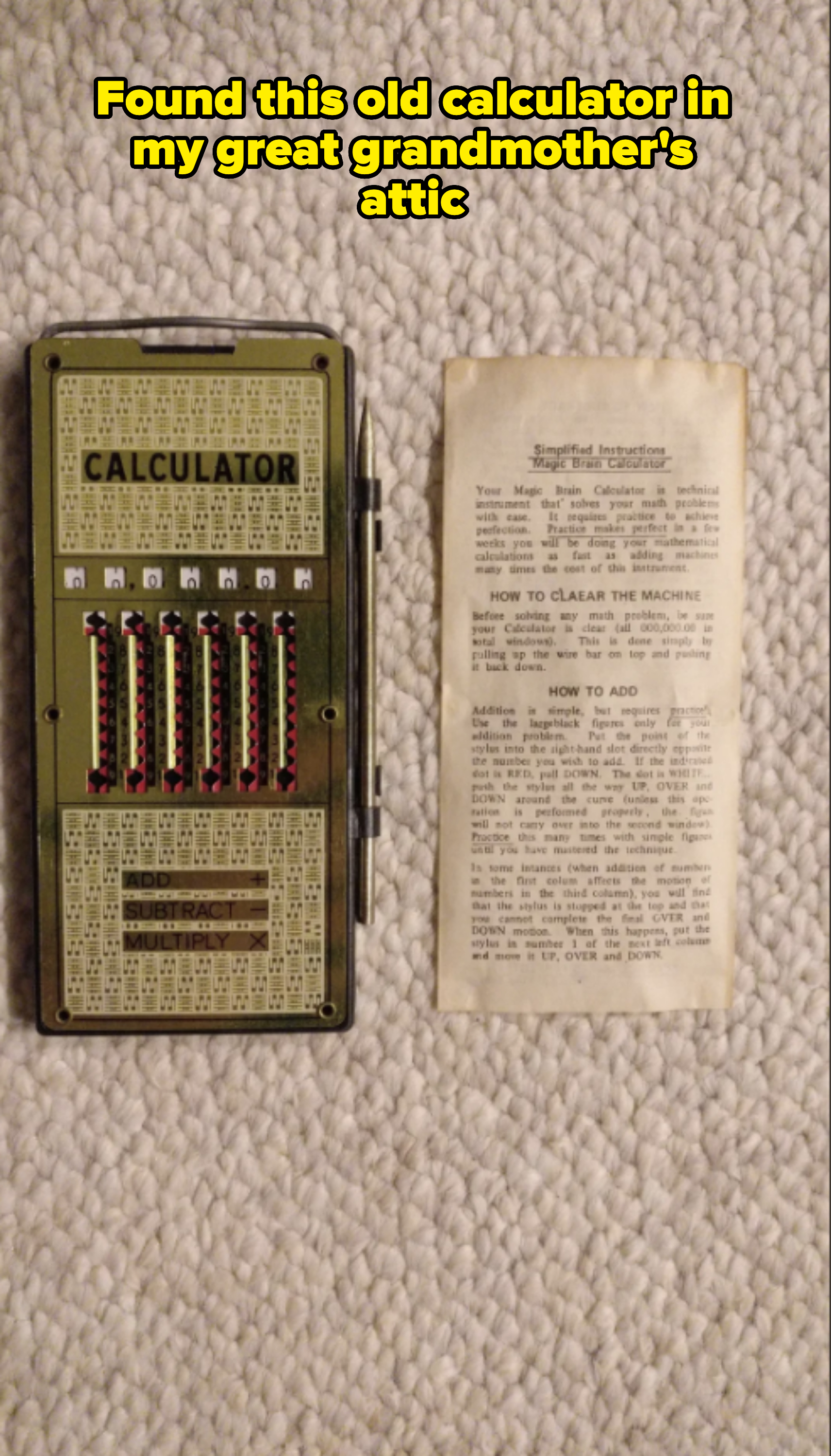 A vintage manual calculator with sliders and an attached stylus is shown next to a detailed instruction sheet