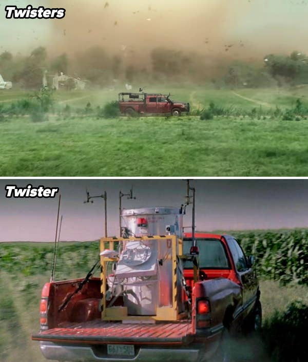 A truck drives through a field towards a swirling tornado, carrying scientific equipment in the back