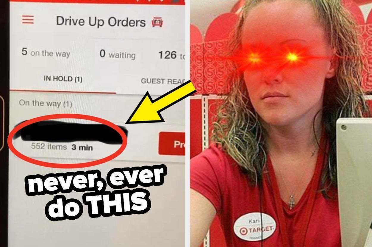 Drive-up order screen shows 552 items with 3 min wait time. A woman named Kari from Target stares with glowing eyes. Text reads: "never, ever do THIS."